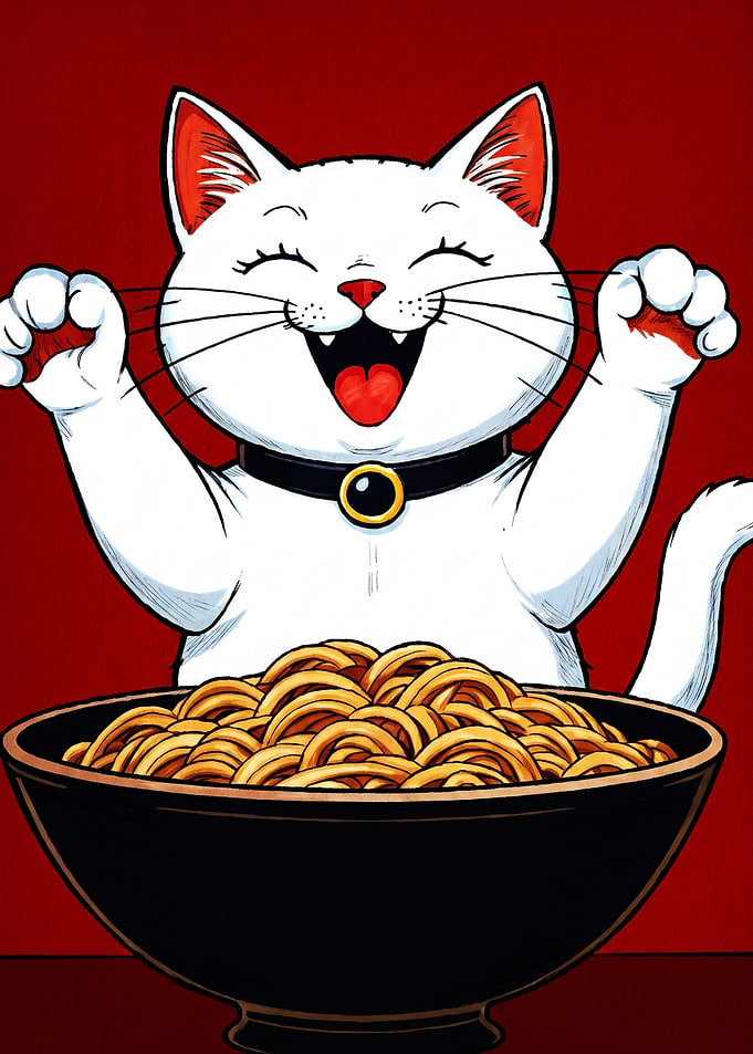 Happy White Cat Eating Ramen