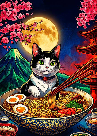 Cat Eating Ramen in Japan