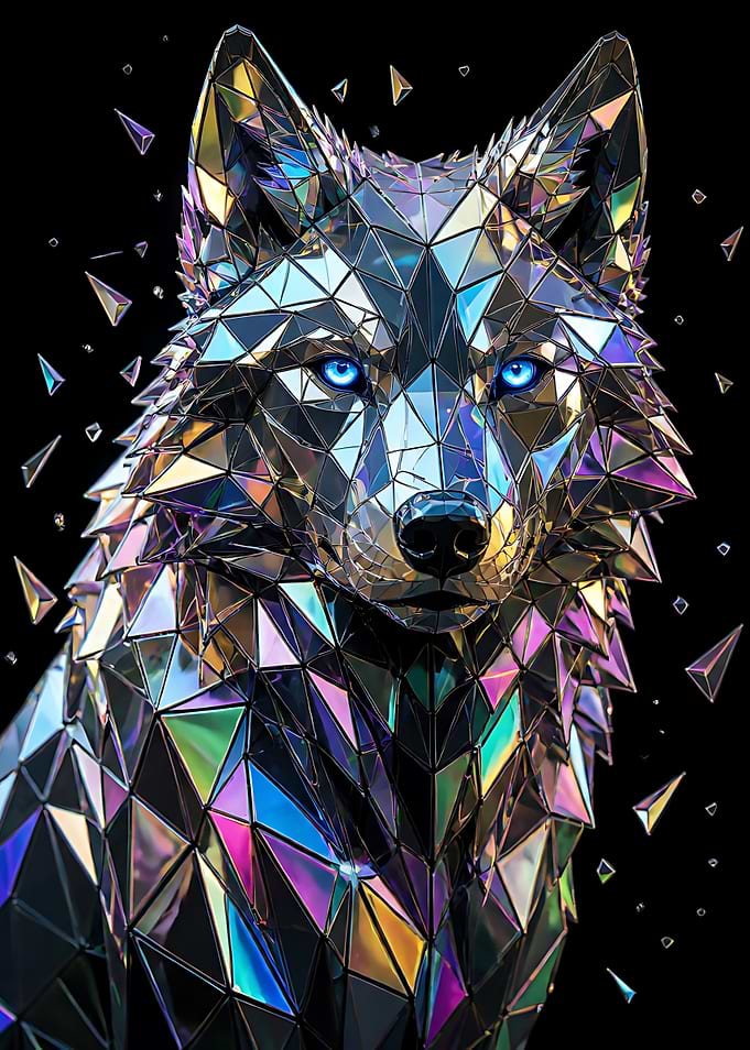 Geometric Iridescent Crystal Wolf Portrait