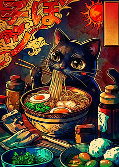 Black Cat Eating Ramen Illustration