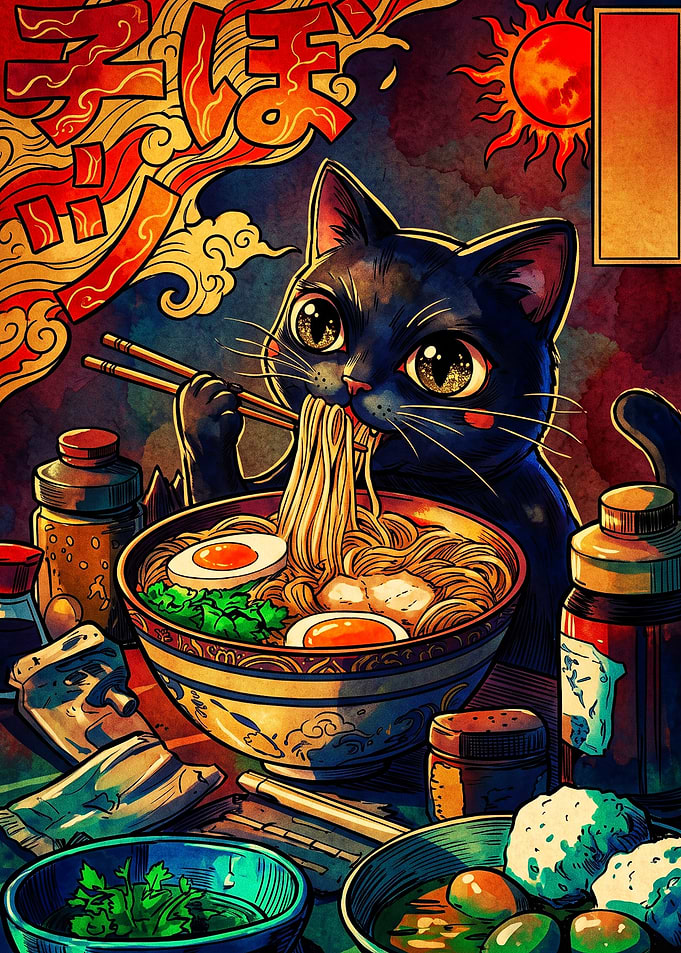 Black Cat Eating Ramen Illustration