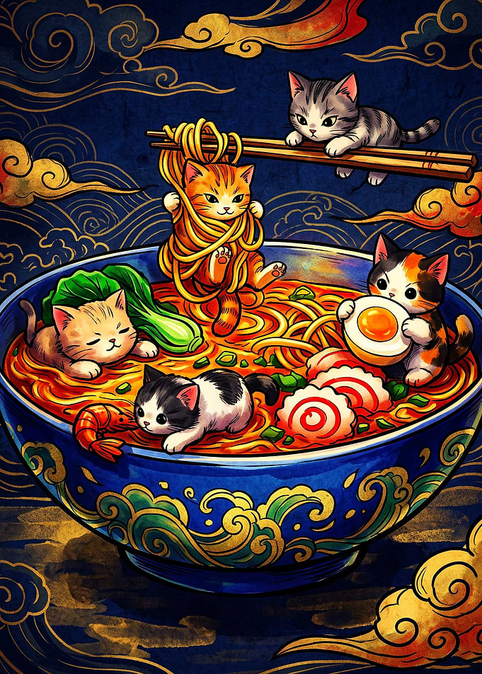 Cute Kittens Playing in Ramen Bowl