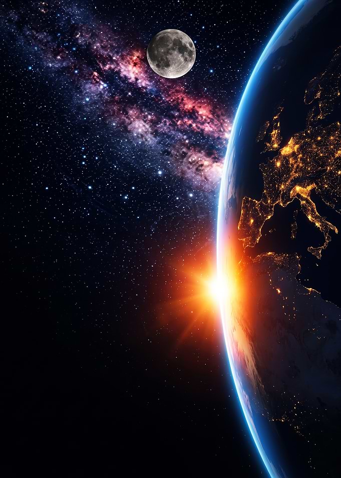 Earth Sunrise with Moon and Milky Way Galaxy