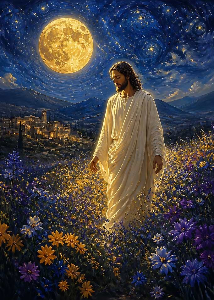 Jesus Walking in a Starry Field