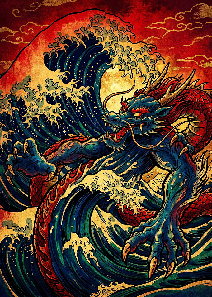 Japanese Dragon Rising from Great Wave