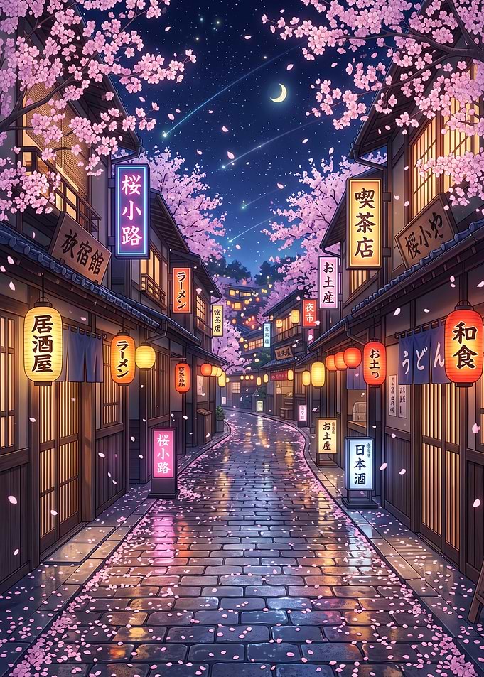 Serene Japanese Japanese Street with Cherry Blossoms night