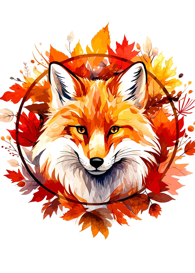 Autumn Fox Portrait with Fall Leaves