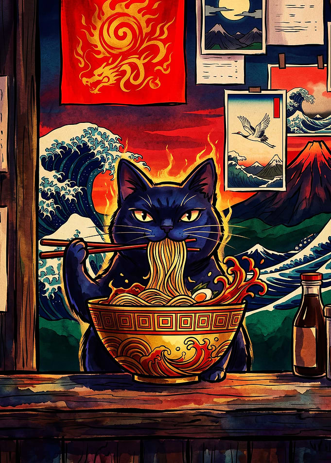 Black Cat Eating Ramen Japanese Art