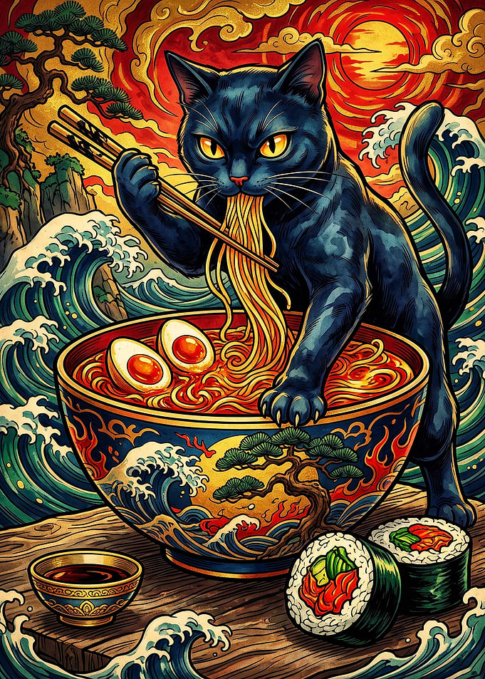 Black Cat Eating Ramen Ukiyo-e Style