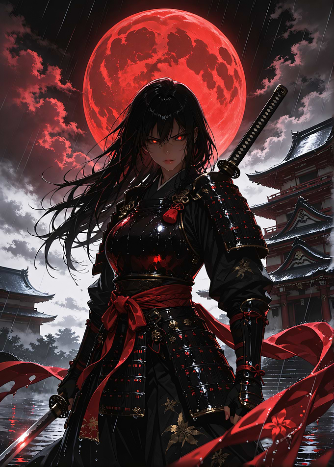 Female Samurai Under Red Moon