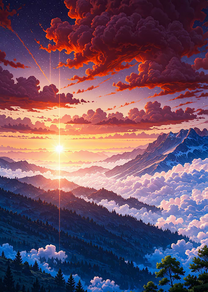 Vibrant Sunset Over Mountain Peaks Landscape