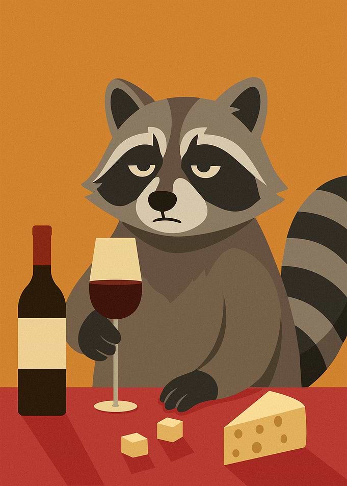 Raccoon Enjoying Wine and Cheese