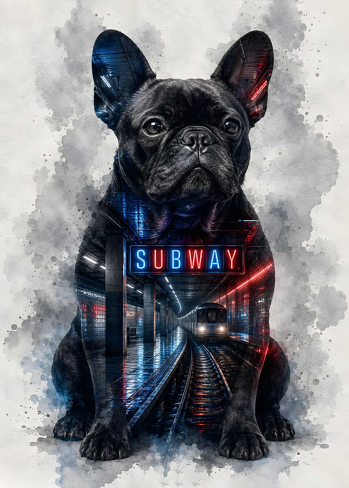 French Bulldog Underground Neon Subway