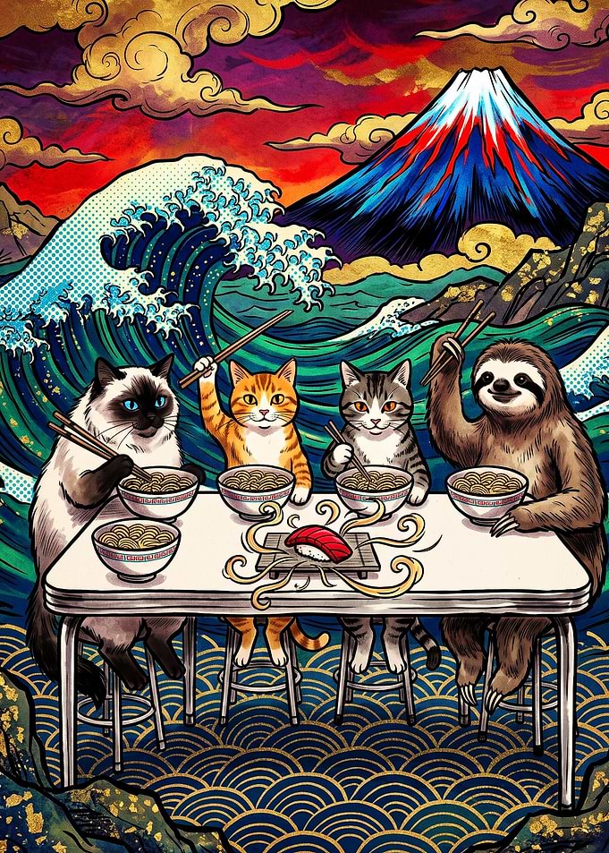 Cats and Sloth Eating Ramen