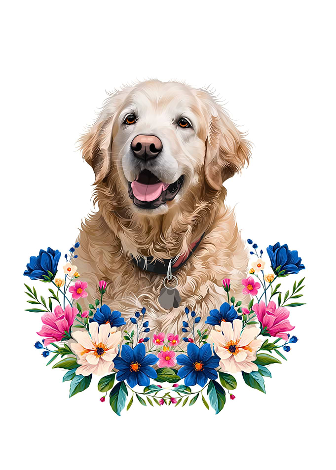 Golden Retriever Portrait with Floral Wreath