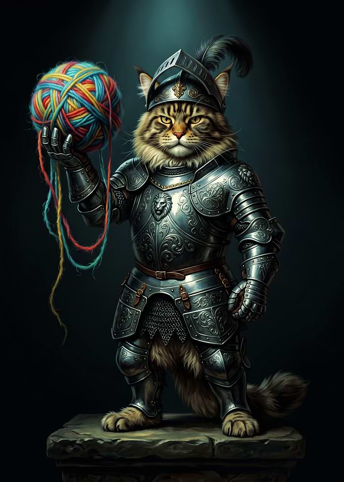 Knight Cat Holding Yarn Ball