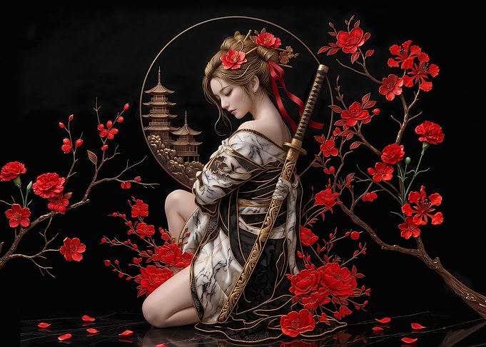 Elegant Samurai Woman with Red Flowers