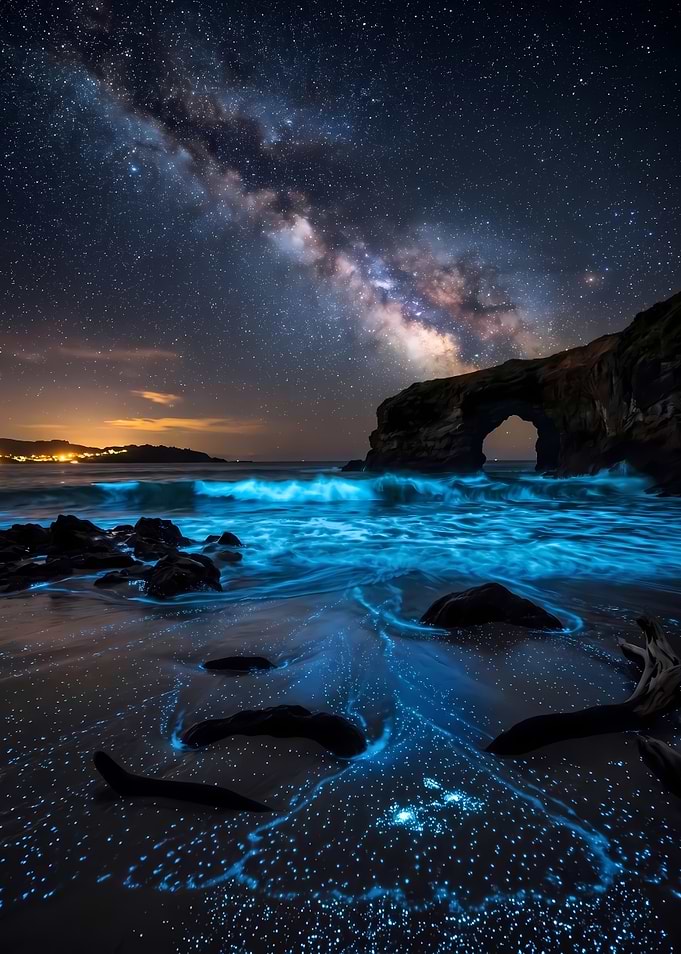 Bioluminescent Beach Under Milky Way