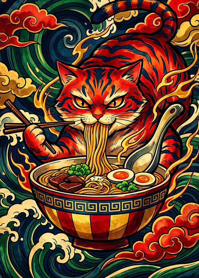 Tiger Cat Eating Ramen Illustration