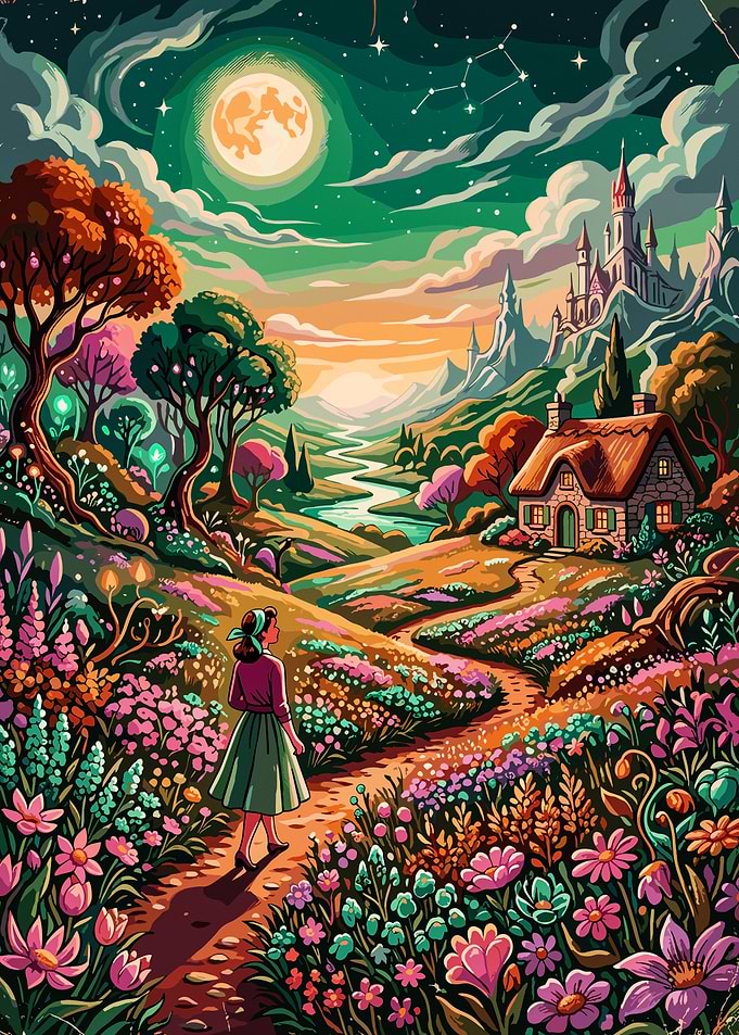 Whimsical Girl Walking Through Enchanted Garden