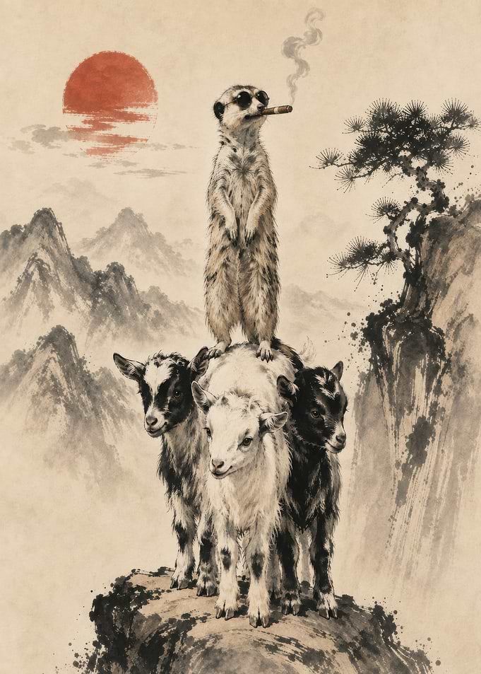 Meerkat Smoking on Goat Totem
