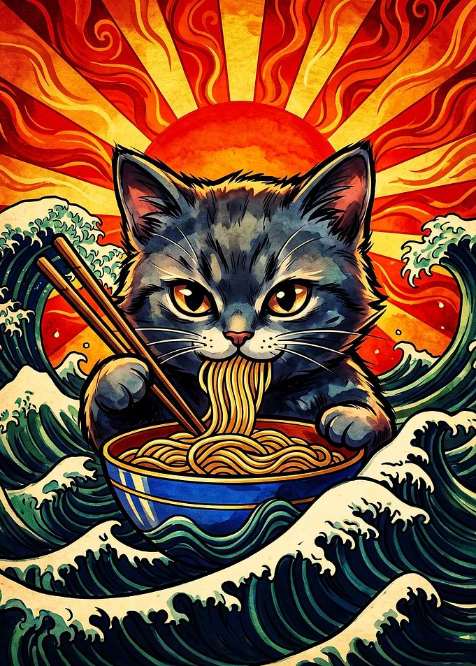Cat Eating Ramen Great Wave Art