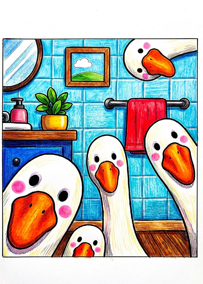 Four Curious Geese in Bathroom