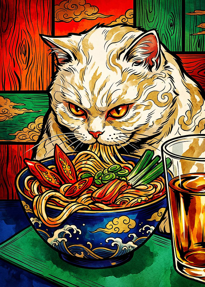 Cat Eating Ramen Illustration