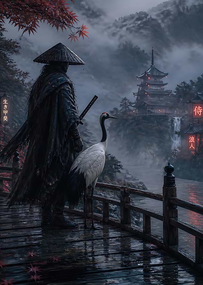 Samurai and Crane in Misty Japan
