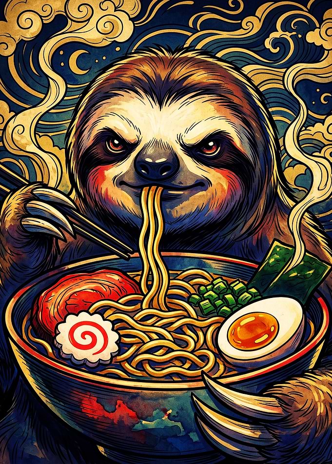 Sloth Eating Ramen Noodles Illustration