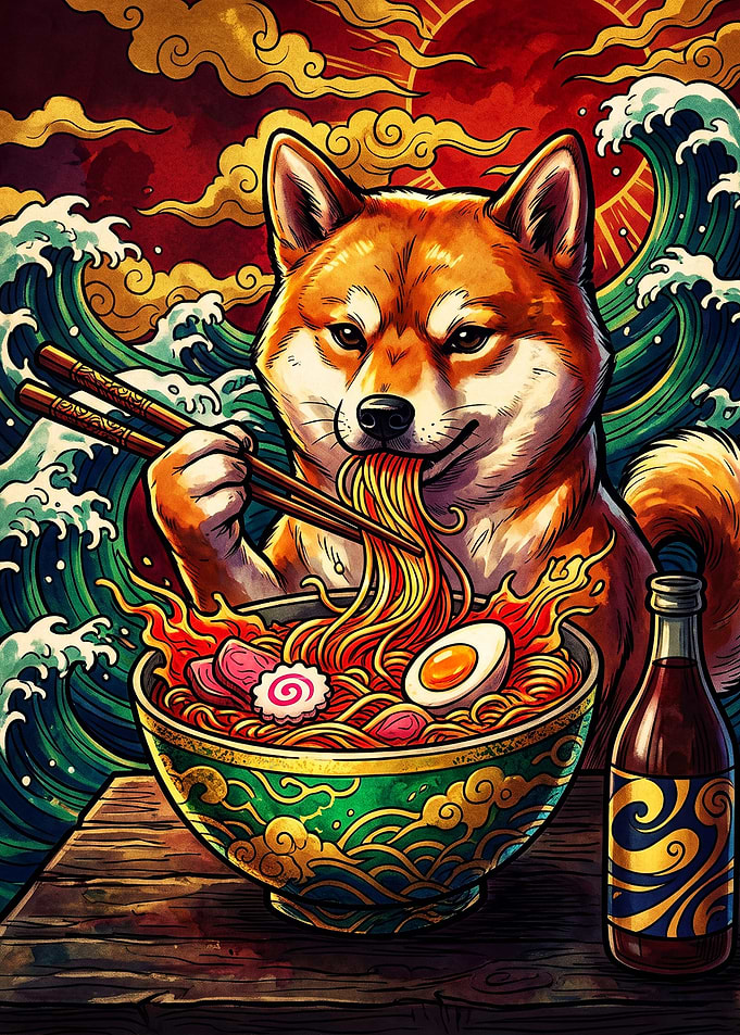 Shiba Inu Eating Ramen Illustration