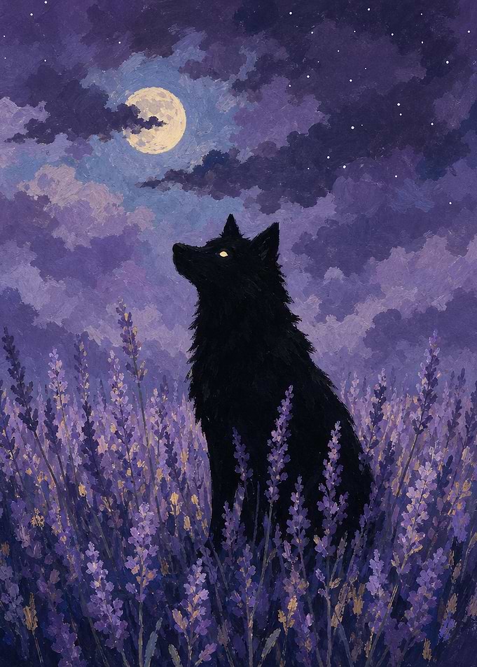 Black Wolf in Lavender Field