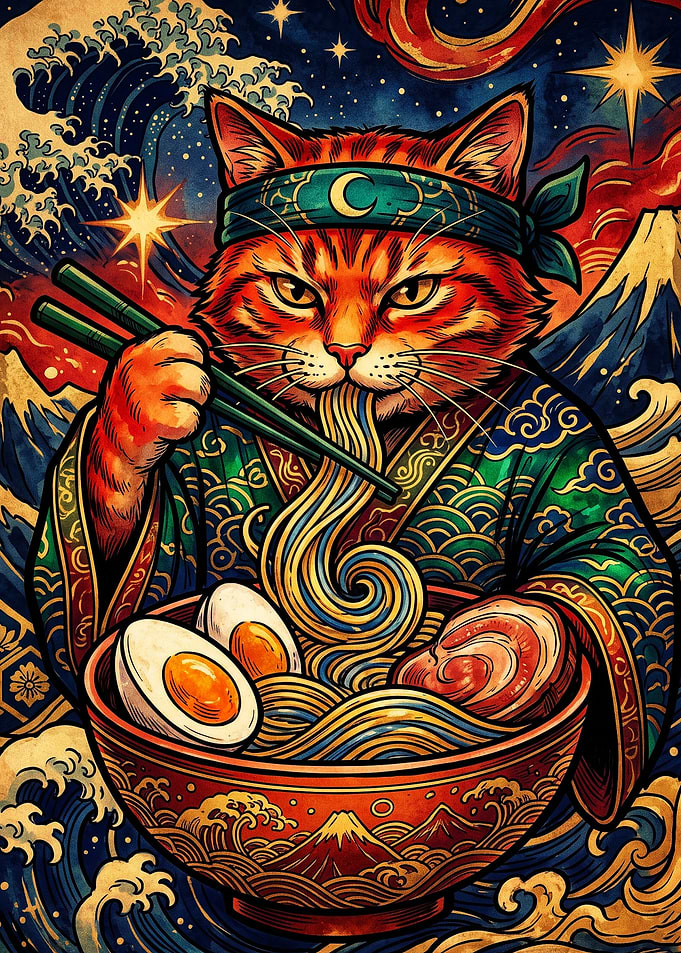 Cat Eating Ramen Japanese Art