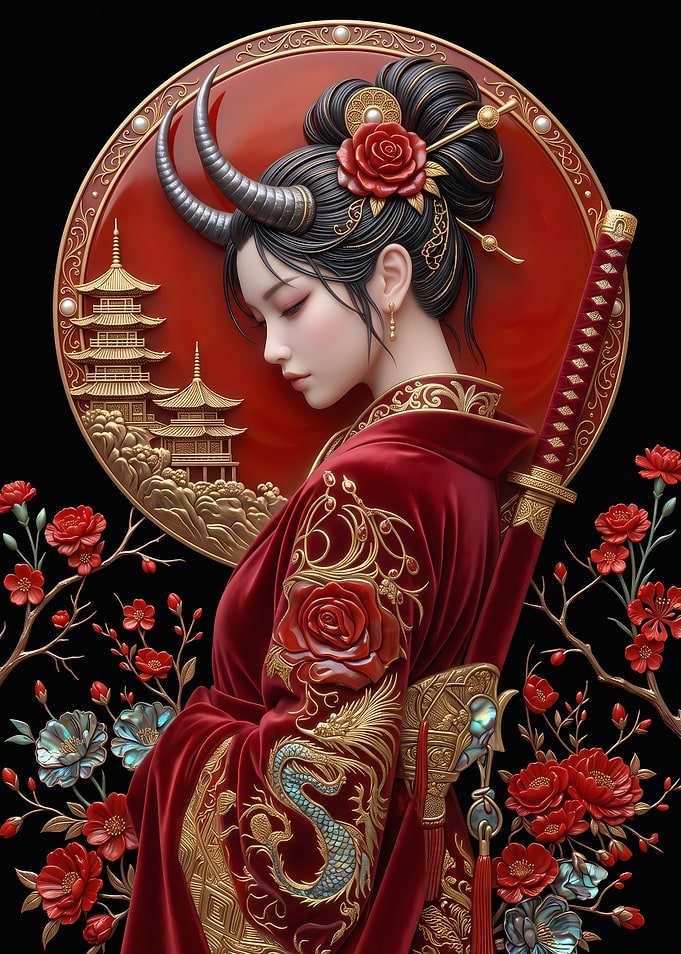 Elegant Oni Samurai Woman Portrait