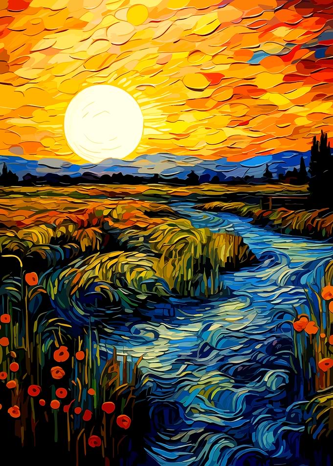 Impressionist Sunset Over Flowing River