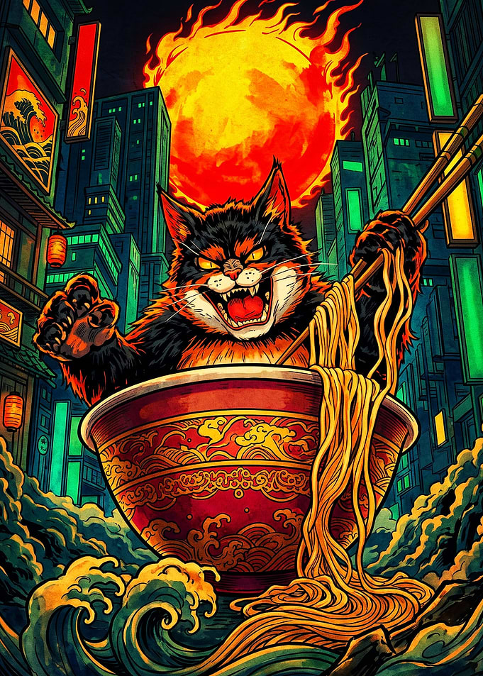 Fierce Cat Eating Ramen in City