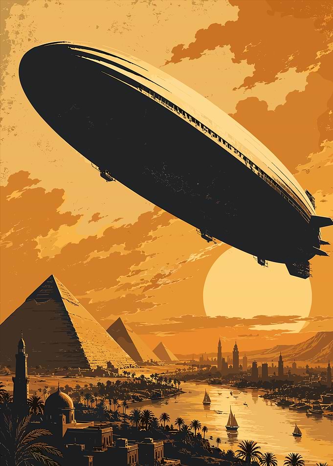 Vintage Airship Over Egyptian Pyramids