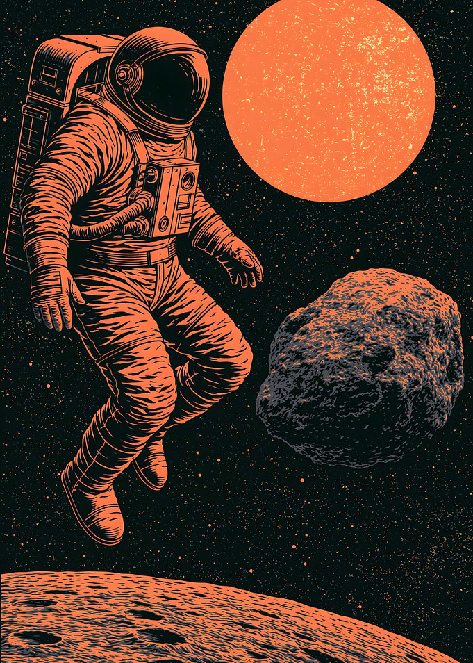 Astronaut Floating Near Asteroid in Space