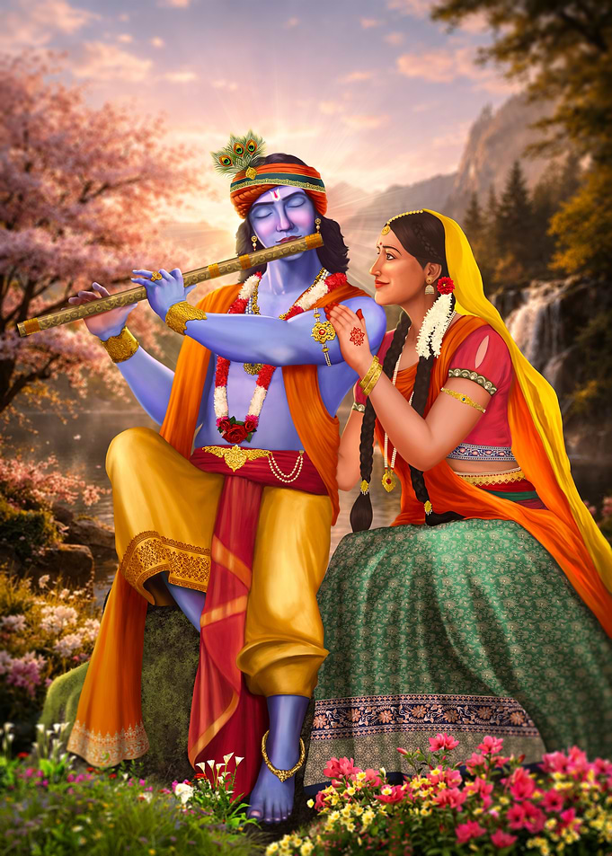 Lord Krishna and Radha Playing Flute