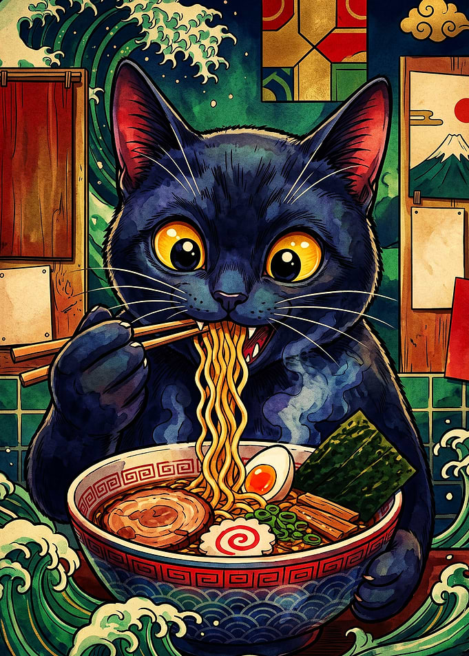 Black Cat Eating Ramen Illustration