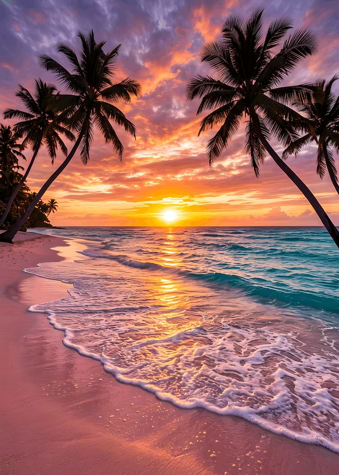 Tropical Beach Sunset with Palm Trees