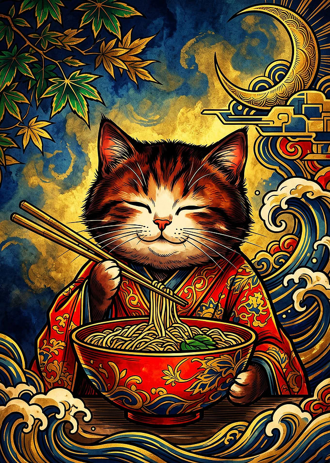 Cat Eating Ramen Japanese Art