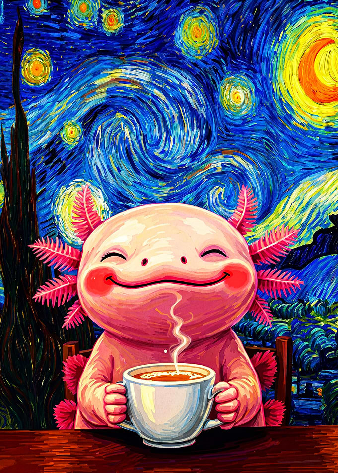 Axolotl Enjoying Coffee Starry Night Style