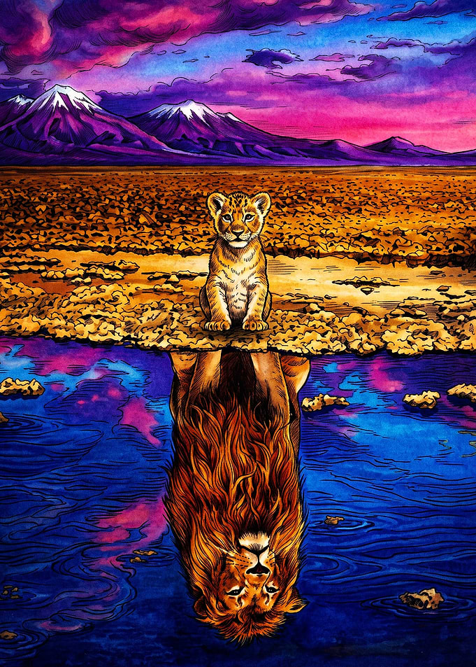 Lion Cub Reflection into Adult Lion