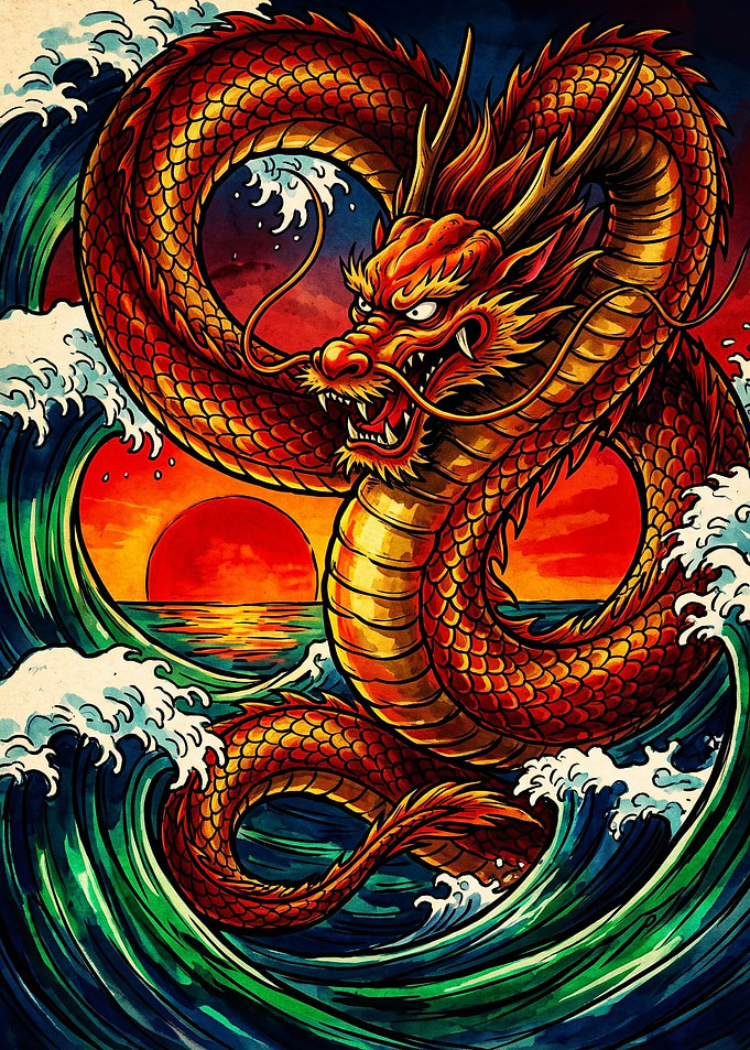 Majestic Red Dragon Over Ocean Waves