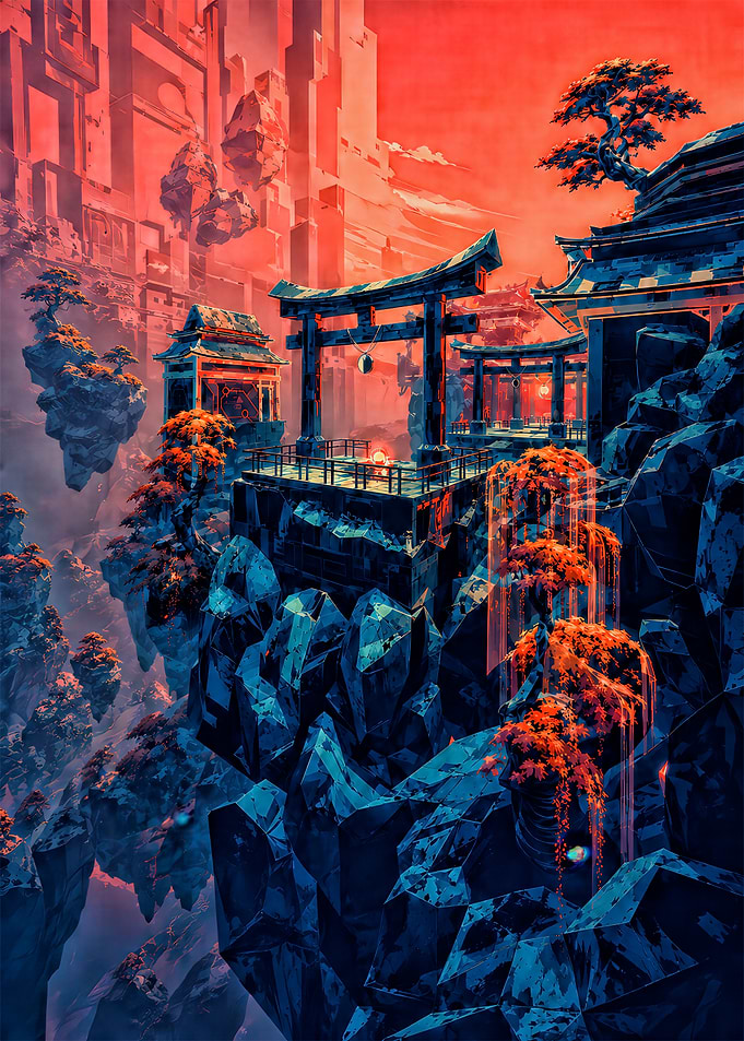 Floating Japanese Temple in Crimson Sky