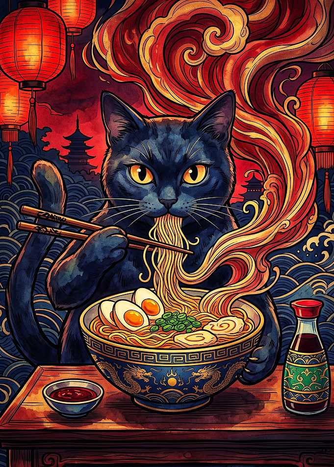 Black Cat Eating Ramen Illustration