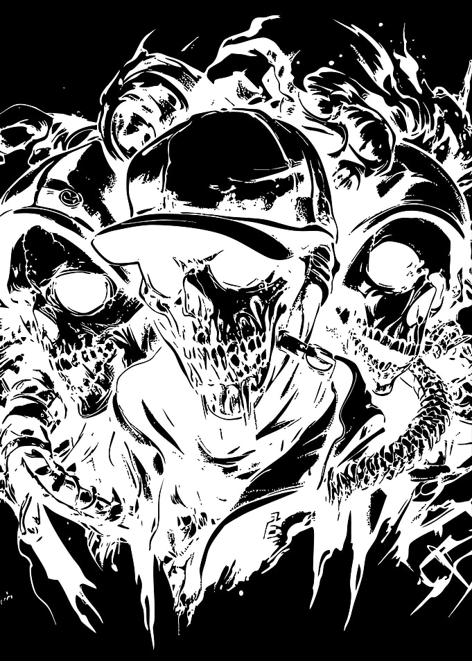 Three Skulls in Baseball Caps