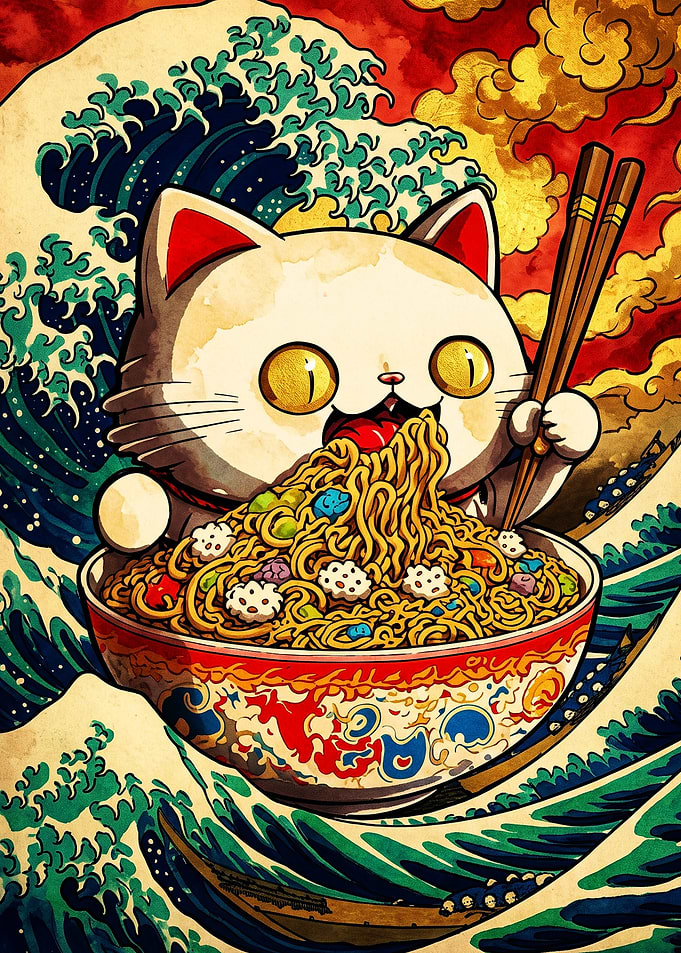 Cat Eating Ramen Great Wave Art