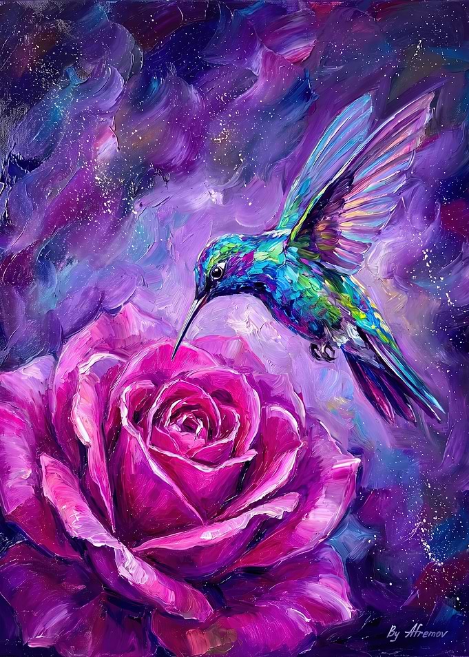 Hummingbird and Rose Oil Painting